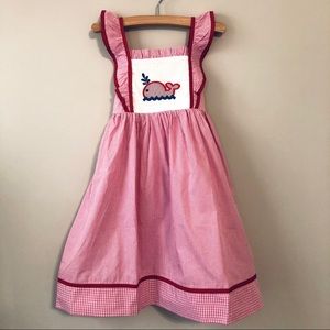 Pink Gingham Whale Cotton Pinafore Dress - Size 6